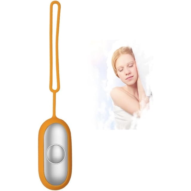 glowco calmcarry, dispositivo de relajación portátil naranja para adultos con funda de silicona y pulsera integrada, vista frontal centrada del masajeador ovalado de ABS y acero inoxidable con un botón circular metálico en el centro y correa para muñeca, compacto 25×32×70 mm, incluye cable USB de carga; a menudo usado para relajación nocturna y conveniente para viajes cortos.