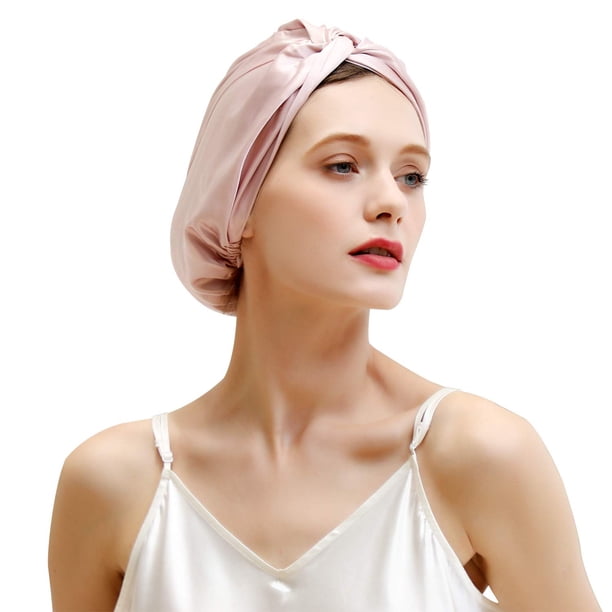 Gorro de dormir de seda para el cuidado del cabello de las mujeres, gorro de noche de seda natural con elástico en la cabeza (1 pieza, rosa) MFZFUKR JQWJ601-1