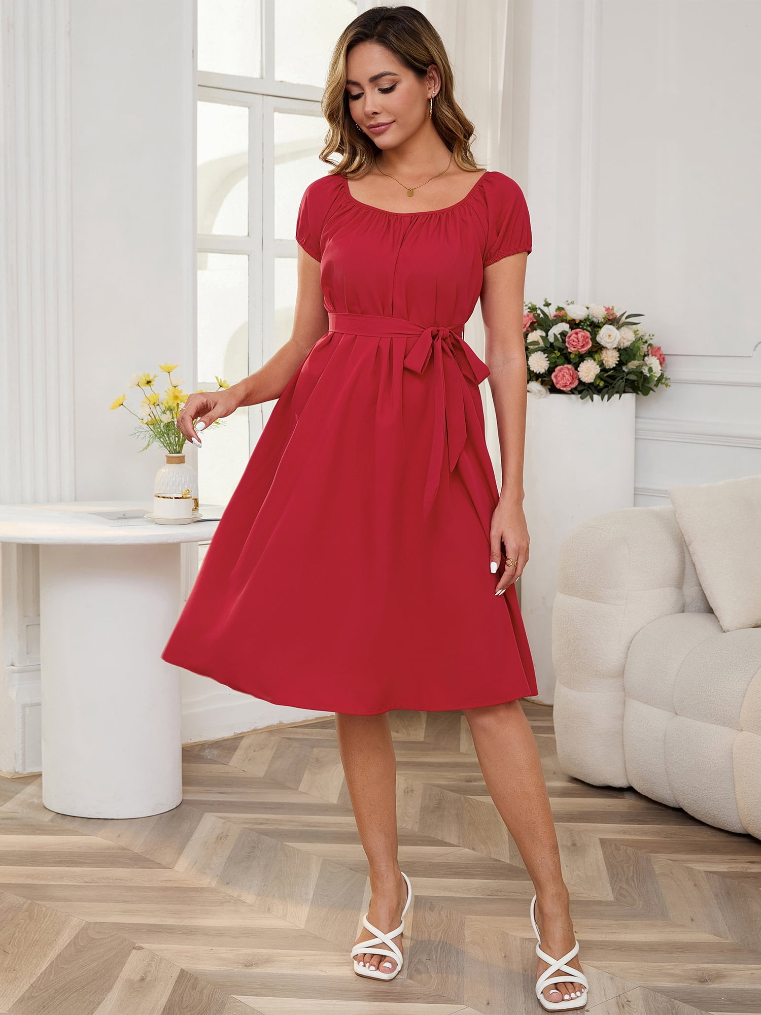 DARING DIVA Women's Midi Short Sleeve Boho Tie Waist Maternity Dress S Red