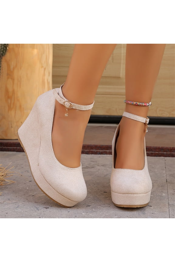 Wedges for Women Closed Round Toe Ankle Strap Platform High Heel Wedge Pumps Dress Shoes Beige