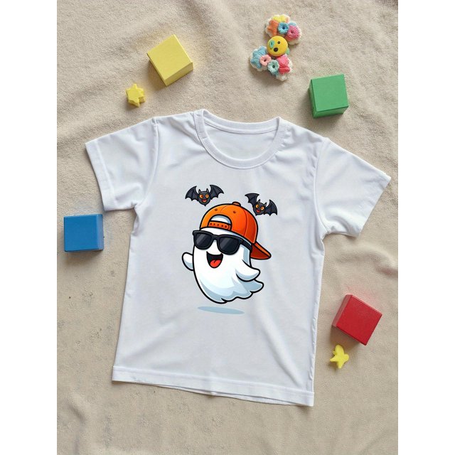 Halloween T-shirt - Cartoon & Bat Print with Fashion Glasses & Fashion Glasses Design - Casual Round Neck Short Sleeve Tee for Kids, Breathable Playwear for Halloween, Themed Parties & Ev