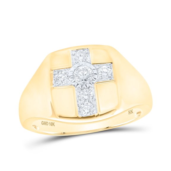10K Yellow Gold Mens Round Diamond Cross Ring 1/2 Cttw, Mens Size: 7-13