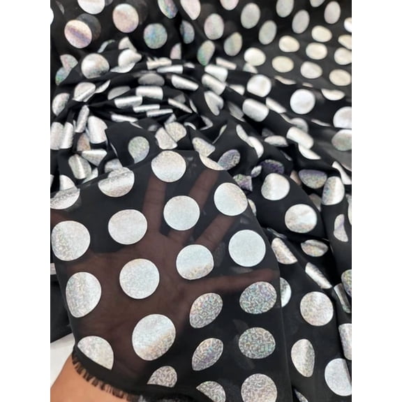 Black Chiffon Silver Hologram Polka Dots Fabric Sold By The Yard See Throug