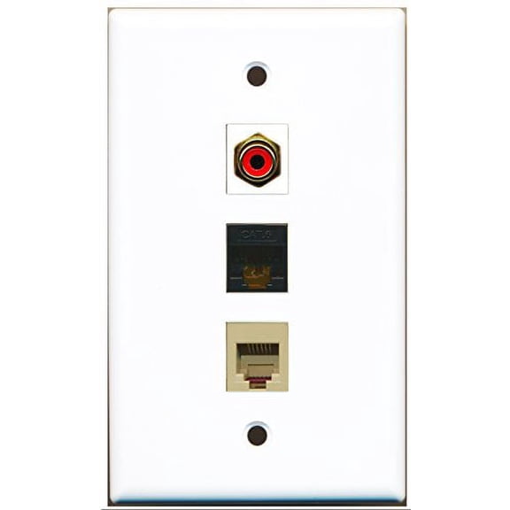 RiteAV - 1 Port RCA Red and 1 Port Phone RJ11 RJ12 Beige and 1 Port Cat6 Ethernet Black Wall Plate