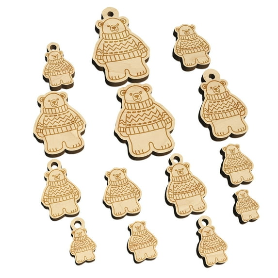 Polar Bear Wearing Sweater Wood Mini Charms Shapes DIY Craft Jewelry - No Hole - 30mm (6pcs)