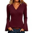 thumbnail image 2 of CQONEPT Womens Ribbed Knit Bell Sleeve Tops Plain Slim Fit V Neck Blouses Dressy Casual Going Out Shirt Tees Daily Wear Work Office Fall Outfits S, 2 of 7