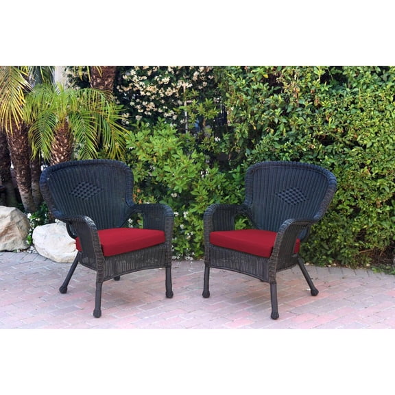 Jeco Set of 2 Windsor Black Resin Wicker Chair with Red Cushion