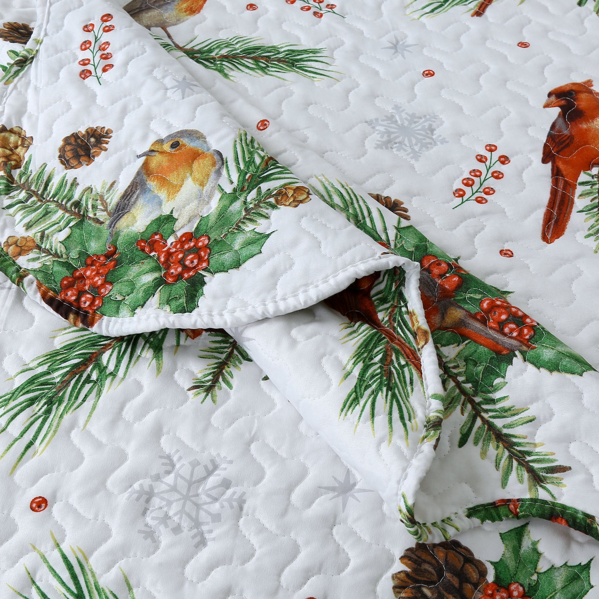3 Pcs Winter Cardinals Christmas Quilt Bedspread Set Holiday Bedding
