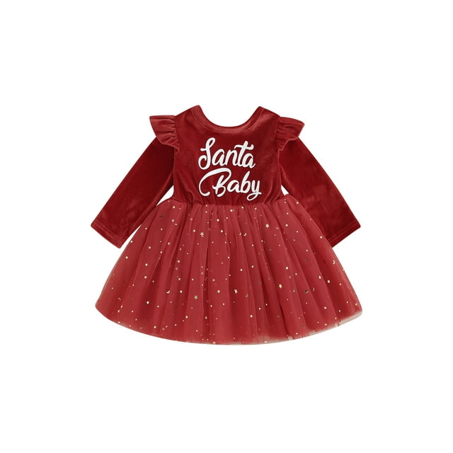 Faithtur Robe de Noël pour Fille, Imprimé Lettre, Manches Longues, Tulle à Sequins, Robe de Fête pour Bébé, Vêtements de Printemps
