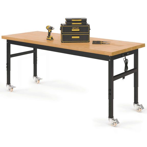 NETAJE 60" Heavy-Duty Work Bench Adjustable Workbench Work Table 2000 lb Load Capacity w/ Power Outlets for Garage, Workshop, Workstation