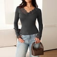 thumbnail image 2 of Stichou Long Sleeve Shirts for Women 2026 Lace V Neck Slim Fit Basic Tee Tops 2026 Casual T-Shirt Going Out Spring Fall Outfits Dark Gray S, 2 of 5