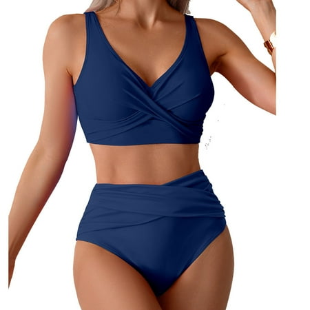 Yteetum Bikinis Sets for Women Solid Color Conservative Split Pleated Swimsuit Sets Female High Waisted Sexy Push Up No Steel Bra Swimwear M - Summer Savings Clearance