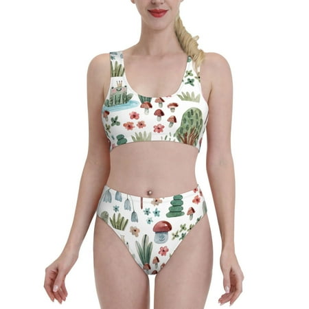 Bixox Frog and Forest Plants Pattern Two-Piece Sports Bikini with U-Shaped Top and High-Waist Bottom - Women s Swimwear with Removable Bra Pads