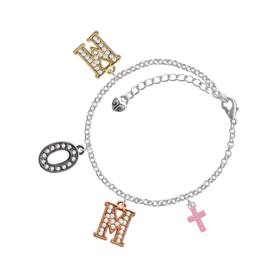 Delight Jewelry Silvertone Small Pink Crystal Cross Multi-Colored Crystal Mom Charm Bracelet