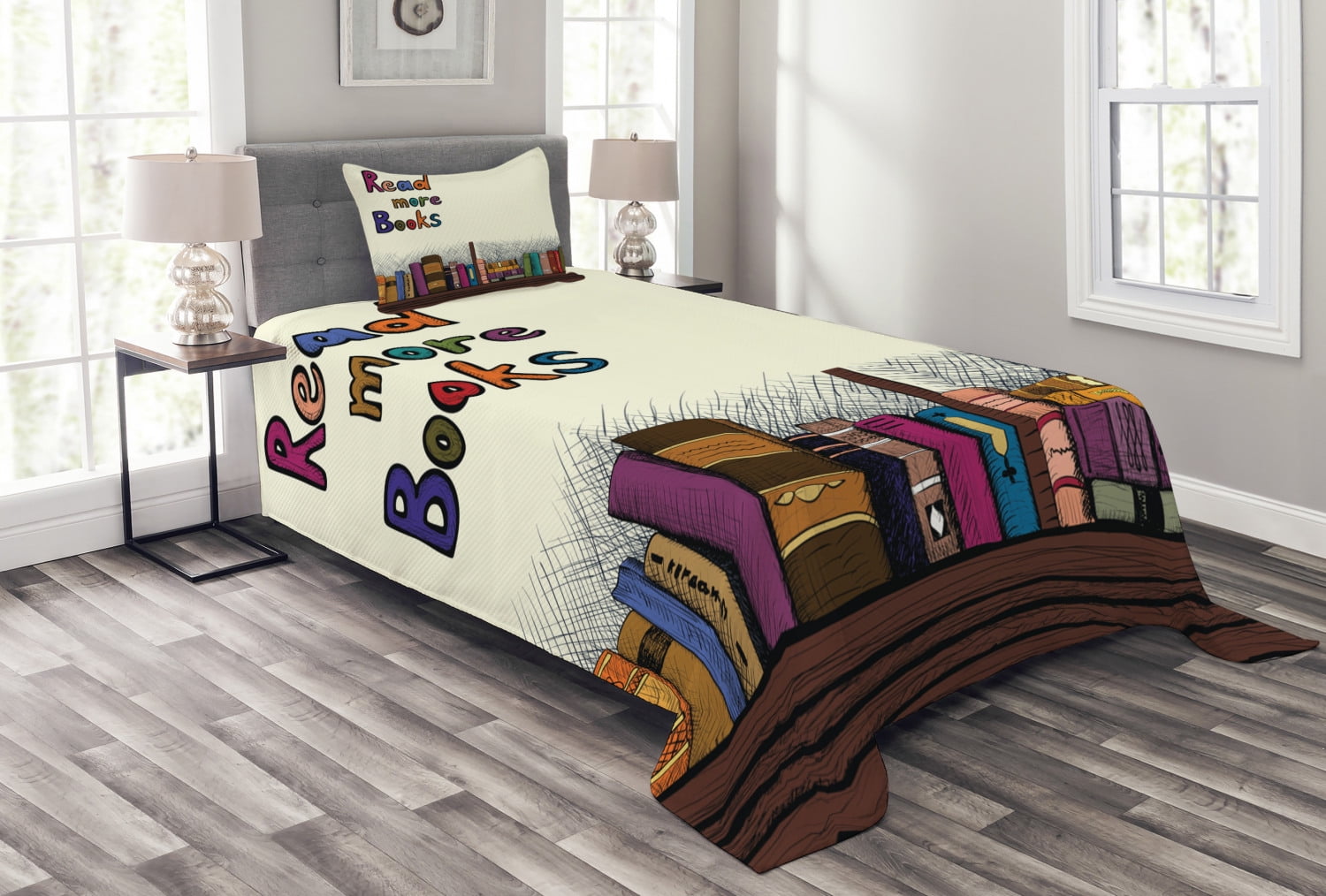 Book Bedspread Set Twin Size, Read More Books Quote Printed on Sketch
