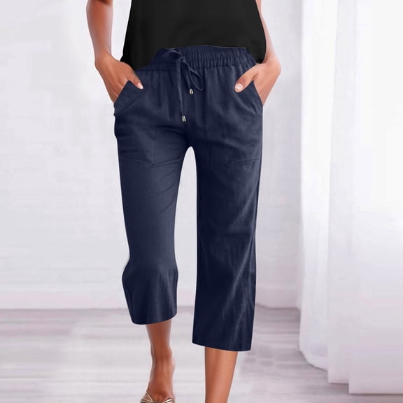 XINMidd Women's Solid Color Linen Casual 3/4 Pants with Pockets and Drawstring Waist plus Size Stretch Pants for Women Work Casual Womens Casual Loose Ripped Denim Pants Womens Summer Pants Casual
