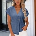 thumbnail image 2 of Htigea Women's Asymmetrical Hem Blouses Denim Wrap V Neck Cap Sleeve T-Shirts Summer Button Down Tops Blue S, 2 of 7