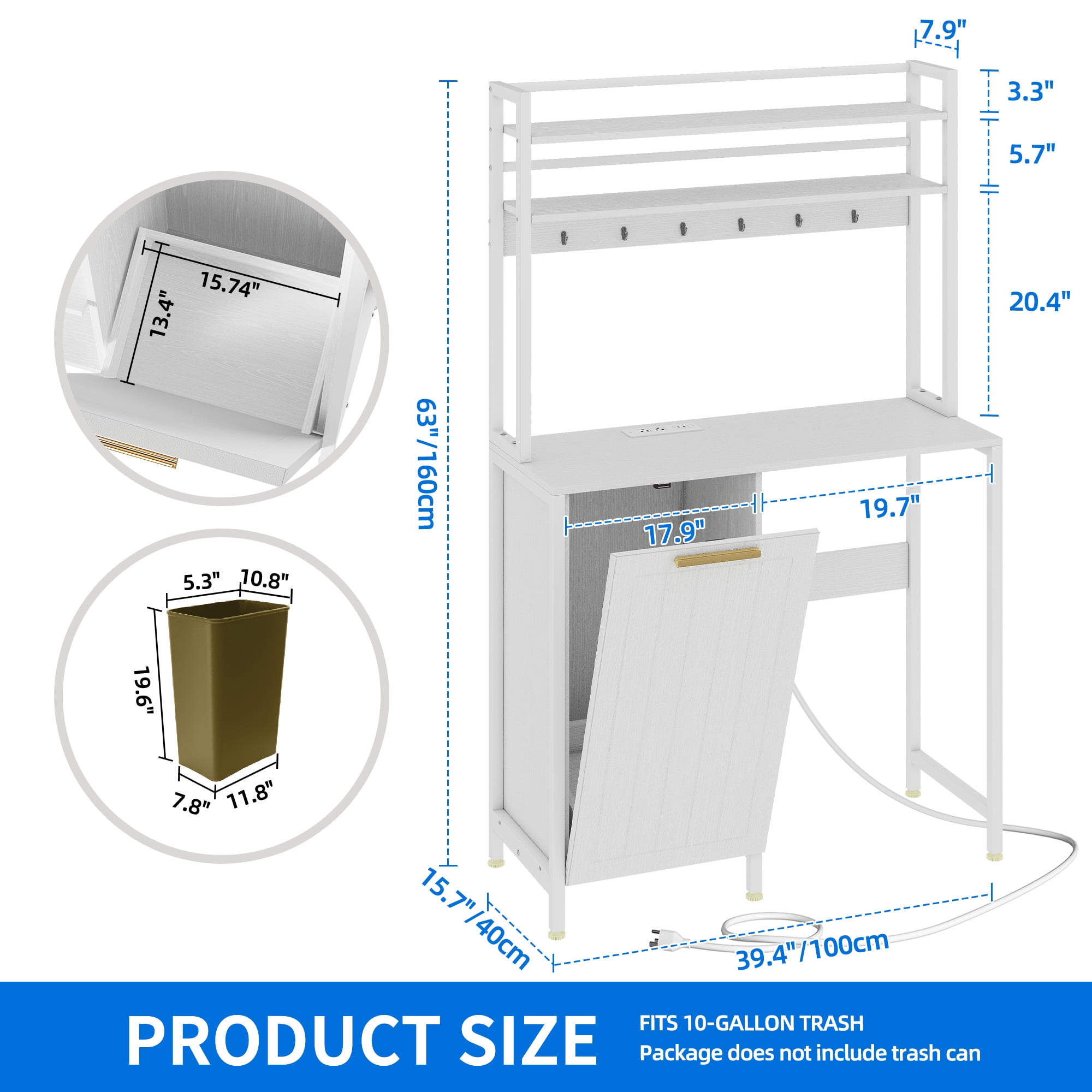 DEXTRUS 63" Bakers Rack with Power Outlets, Mini Fridge Stand with Cabinet for 10-gal Bin, White