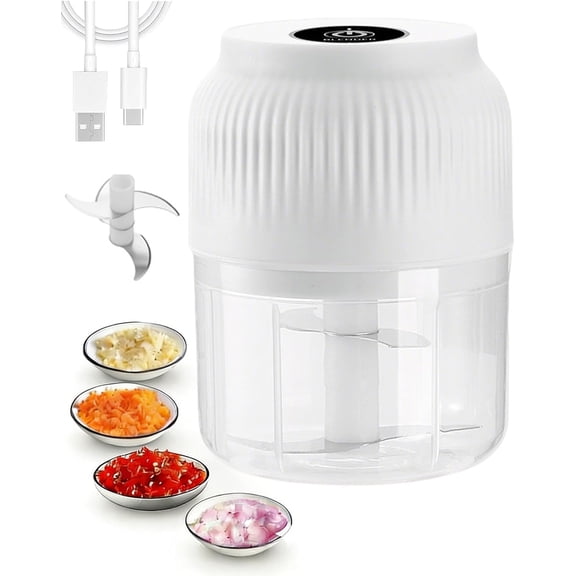 Household Electric Garlic Crusher, 350ML Portable Cordless Electric Garlic Chopper, Rechargeable Vegetable Chopper, Mini Food Processor for Nuts Ginger Chili Onion Fruit Meat (with 4 blades, White)