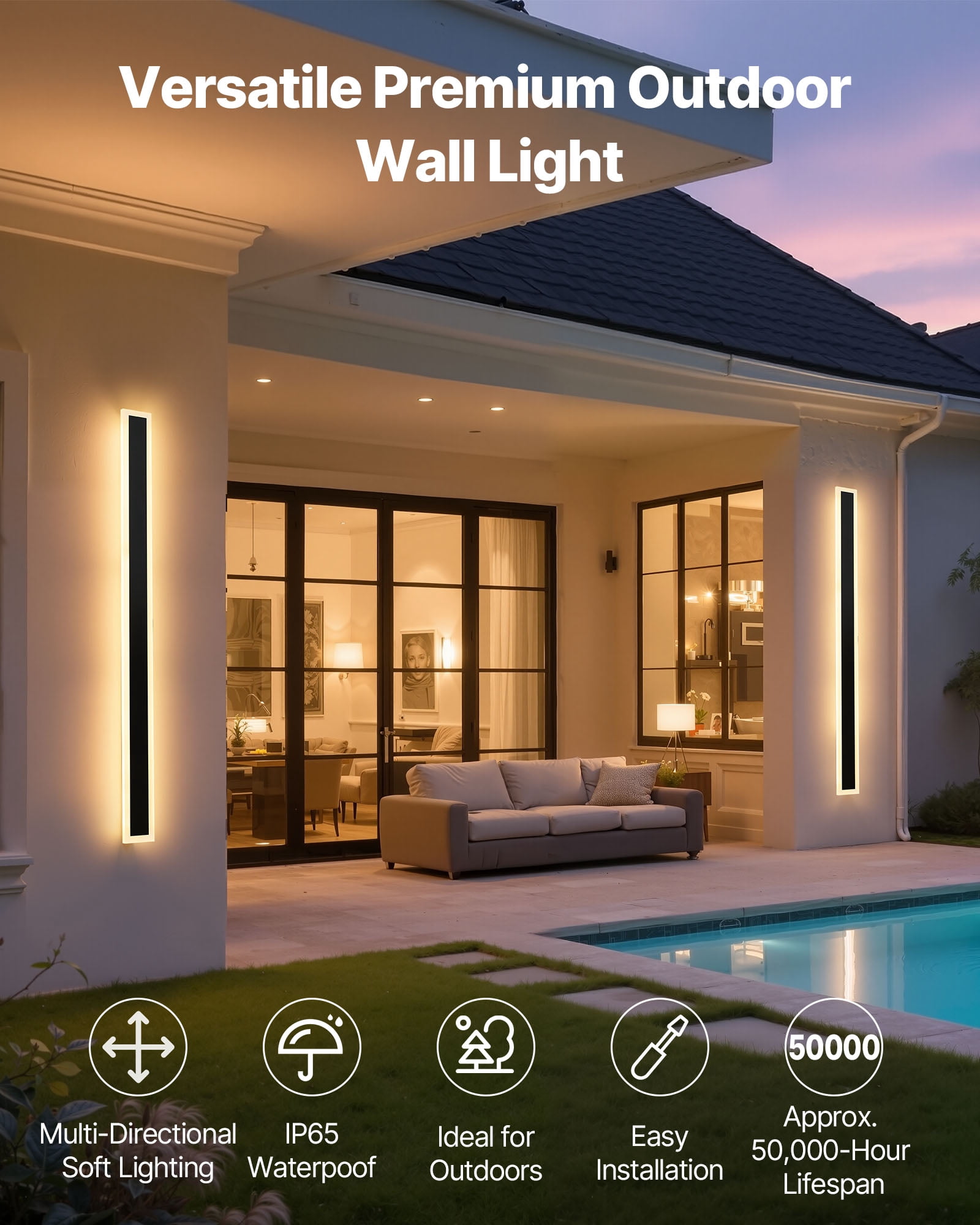 VEVOR Outdoor Wall Lights, 2 Pack, 39.4 Inch Long Strip Modern Exterior Wall Sconce Light Fixtures, 3000K Warm White, IP65 Waterproof Anti-Rust Outside Wall Mount Lighting, for House, Porch, Garage