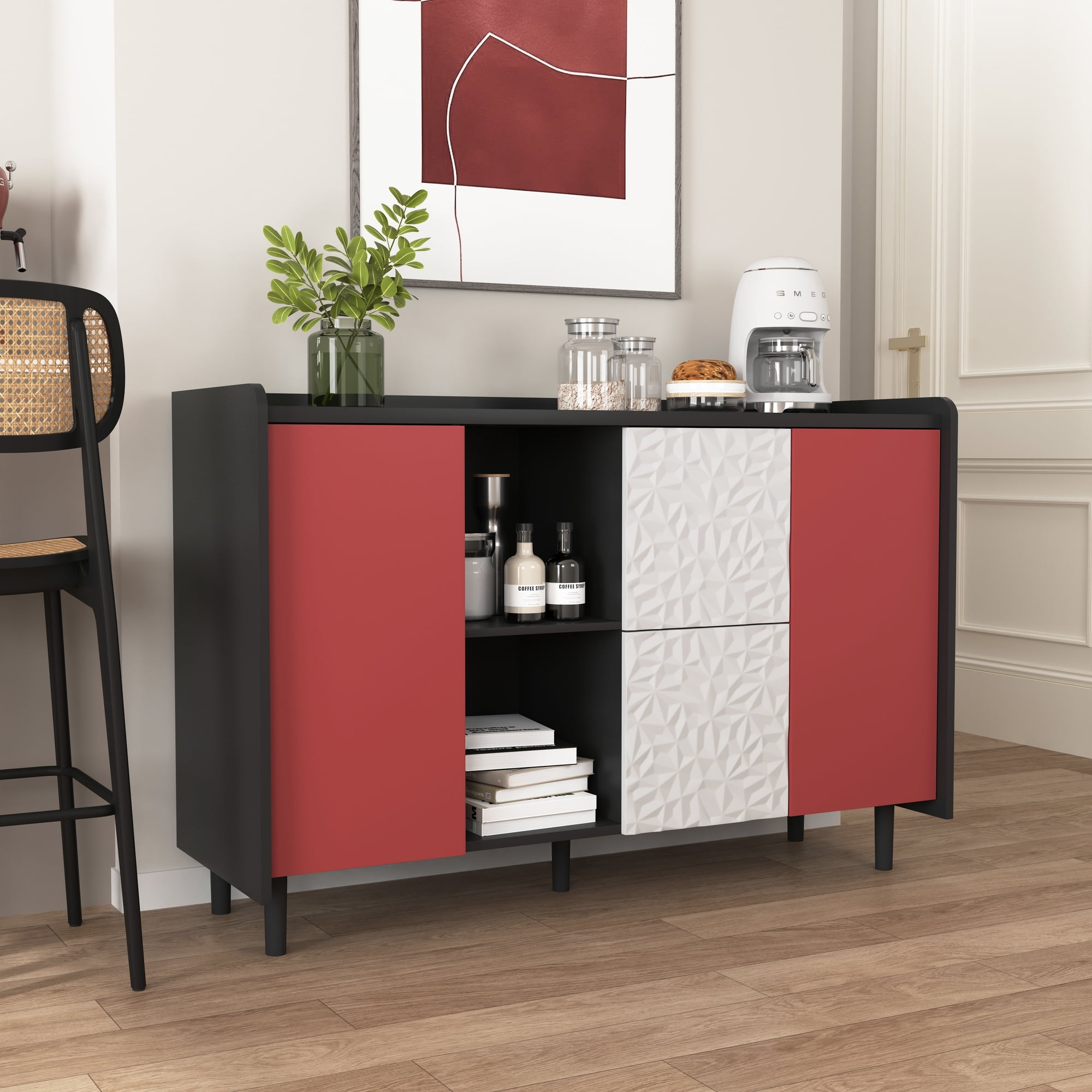 Noble House Sideboard Buffet Cabinet with 2 Drawers and Open Compartments, Black and Red