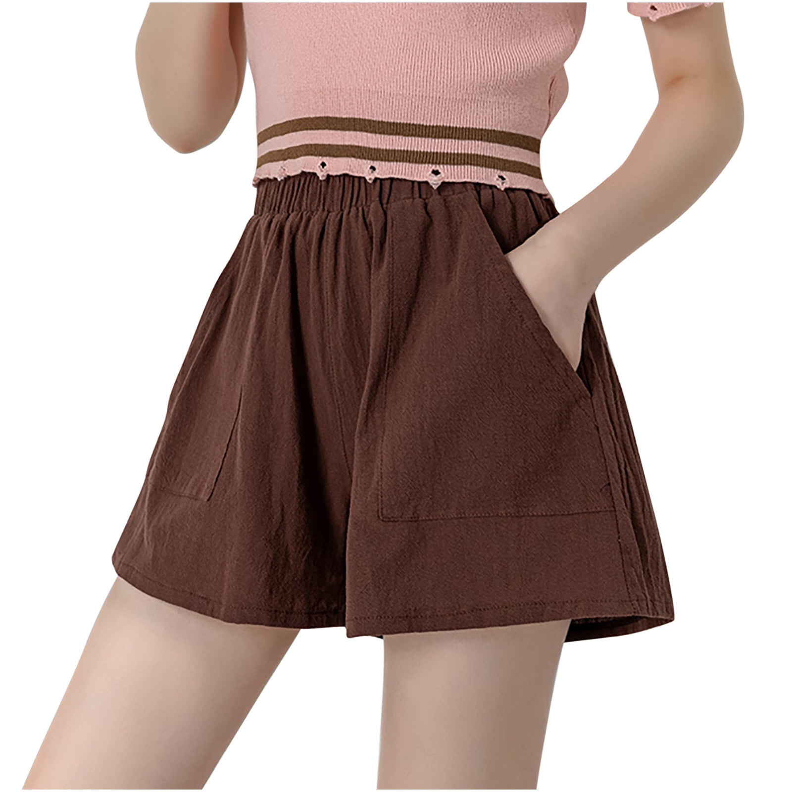 Women Casual Cotton Shorts Comfy Elastic Waist Wide Leg Shorts Pants