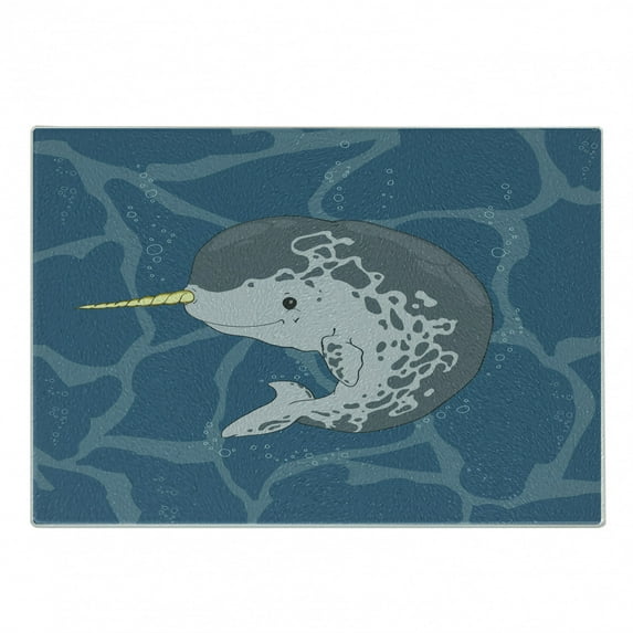 Narwhal Cutting Board, Happy Arctic Ocean Whale Horn Swimming in the Sea Cartoon Style Animal Drawing, Decorative Tempered Glass Cutting and Serving Board, Small Size, Multicolor, by Ambesonne
