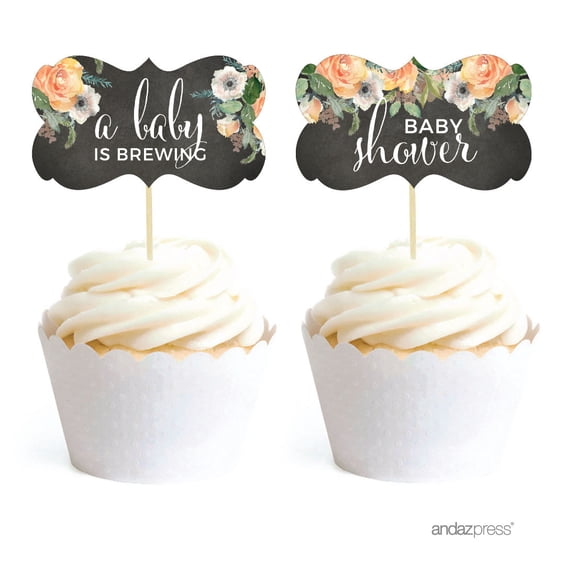 Peach Chalkboard Floral Garden Party, 18-Pack Cupcake Topper DIY Kit, Fancy Frame Shape