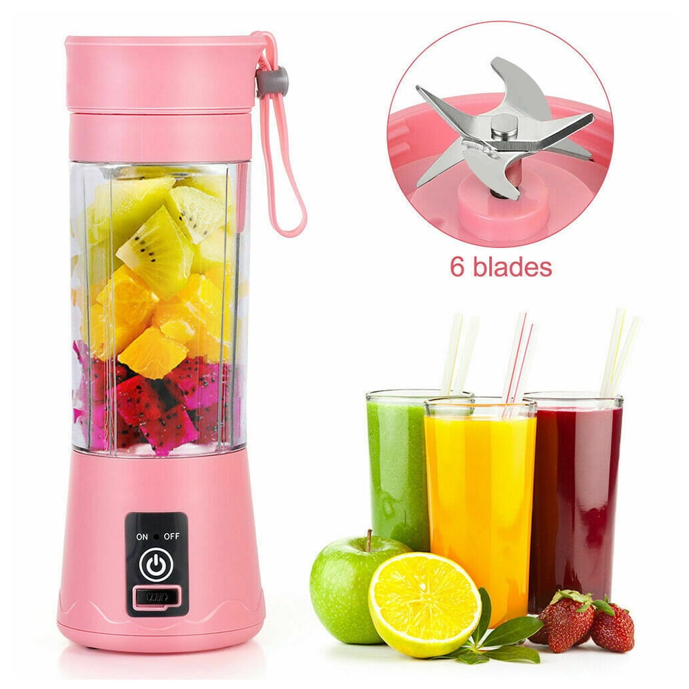 Pink 2 Blades 380ml Portable Blender Personal Smoothie Mini Juicer Cup,Electric Household Fruit Juicer Blender Squeezer Bottle for Outdoor Gym Office Drinking 