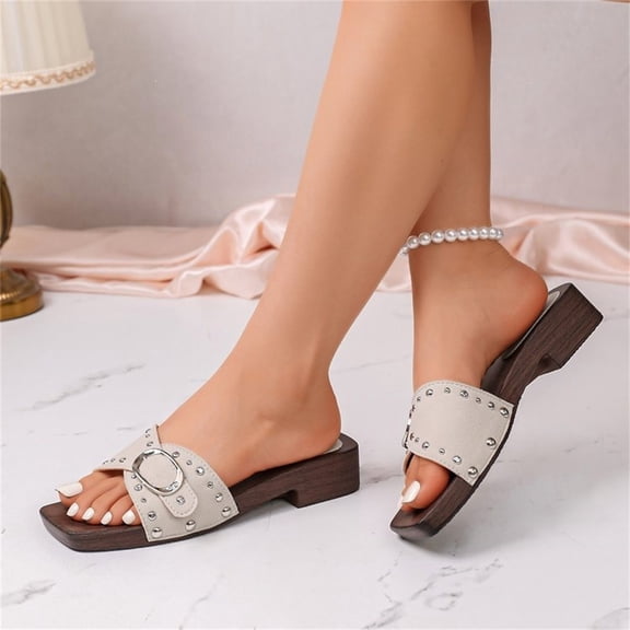 Domuza Women’s Comfortable Studded Clog Mules, Adjustable Buckle Beige Sandals with Wood-Grain Heel for All-Day Summer Wear and Outdoor Activities Beige 7.5(EU-39)
