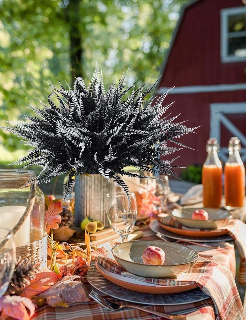 4PCS Artificial Boston Fern Fall Plant Fake Bushes Shrubs Outdoor Greenery UV Resistant Plants Faux Plastic Plants for Home Garden Indoor Fall Thanksgiving Autumn Decor (Black White)