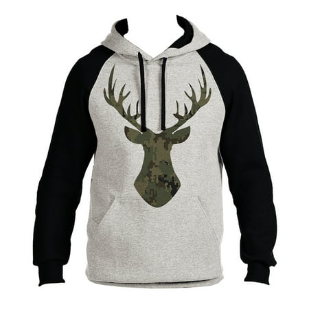 - Men's Pixel Camo Deer Head B1256 PLY Gray/Black Raglan Hoodie X-Large