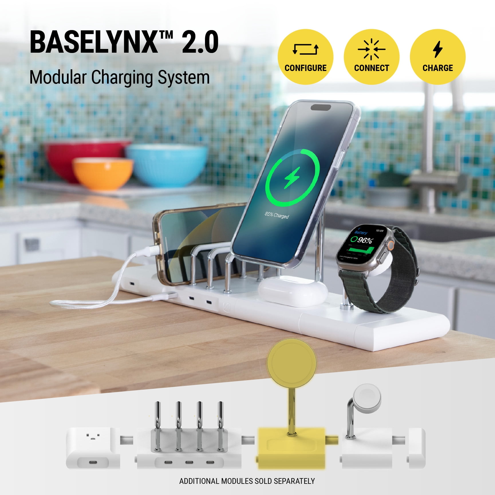 Scosche BL2MSiQWT-AP BaseLynx™ 2.0 2-in-1 Modular Charging Station with MagSafe, 15W Fast Wireless Charging Phone Stand