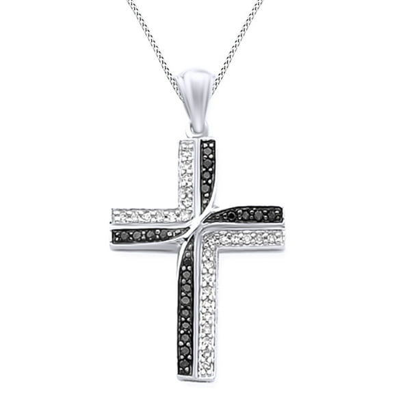 AFFY 0.20 Ct Black and White Natural Diamond Cross Pendant Necklace In 14K Solid White Gold