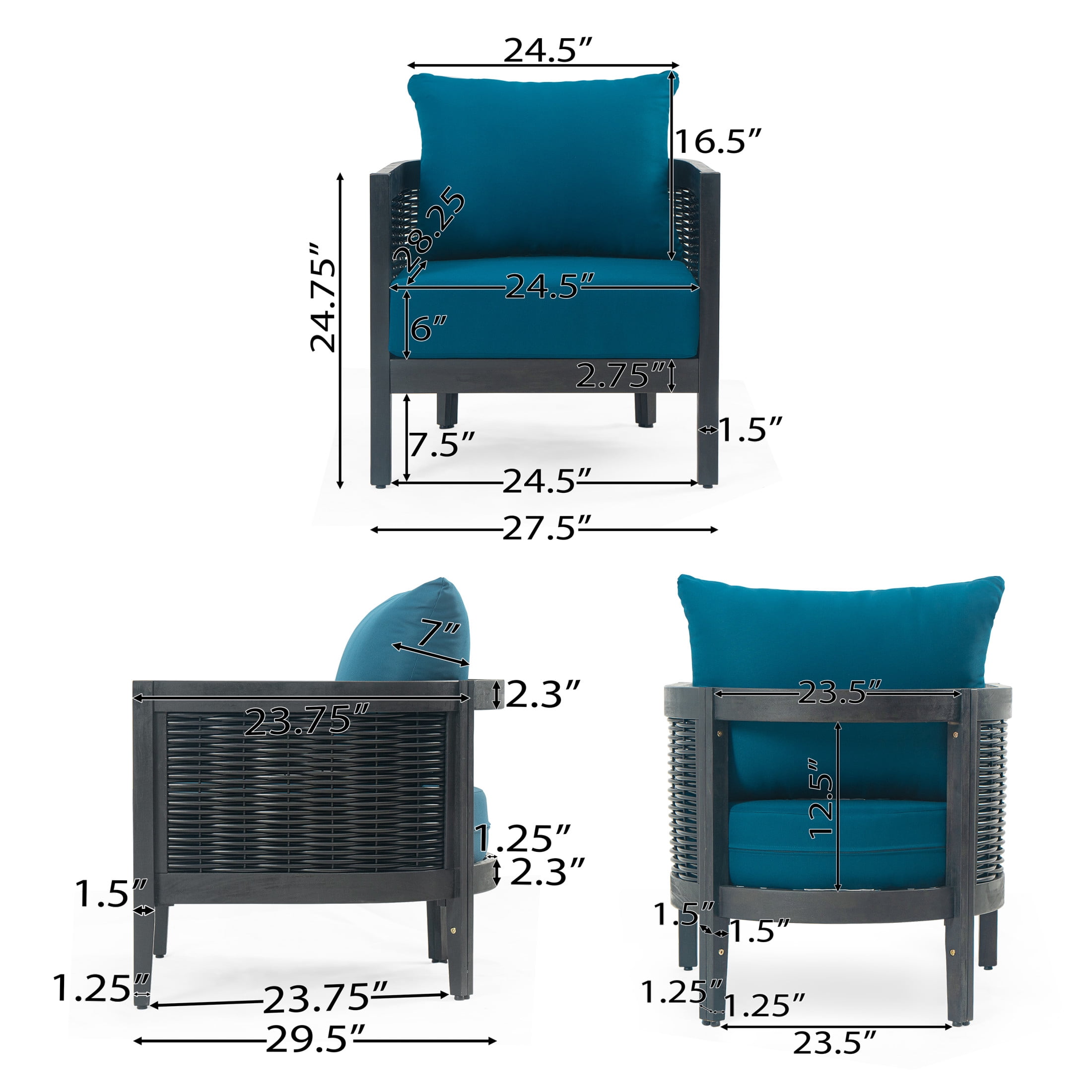 Felix Outdoor Patio Club Chair, Acacia Wood Wicker Armchair with Cushions, Black+Dark Teal