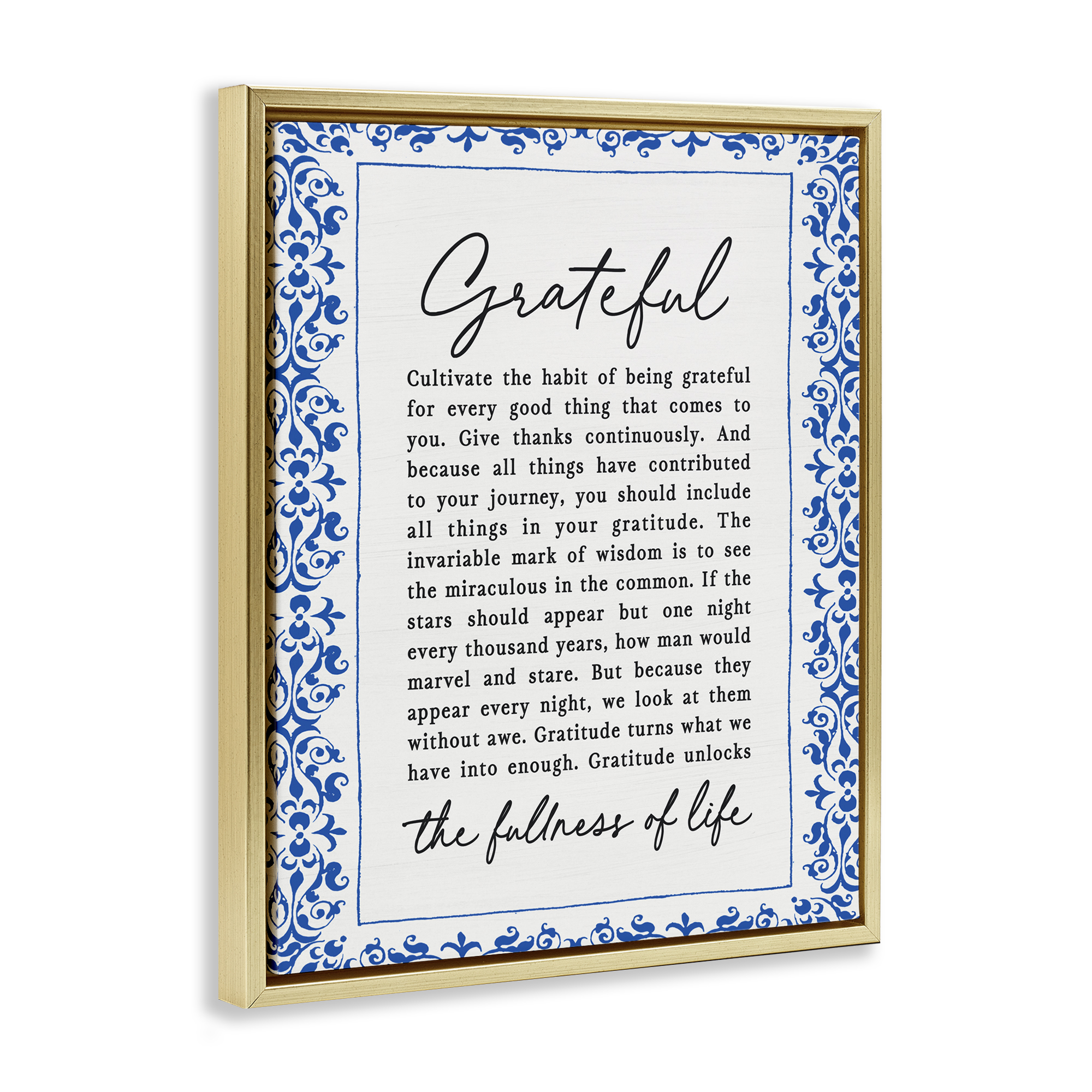 Gratitude Unlocks Fullness Of Life Gold Framed Floater Canvas Wall Art, design by Lettered and Lined