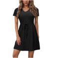 thumbnail image 1 of Dvprdro Robe d'Été Décontractée Unie à Manches Courtes pour Femme, Mode Élégante, Col en V, à Nouer, Robe Courte de Plage et Soleil, 1 of 5