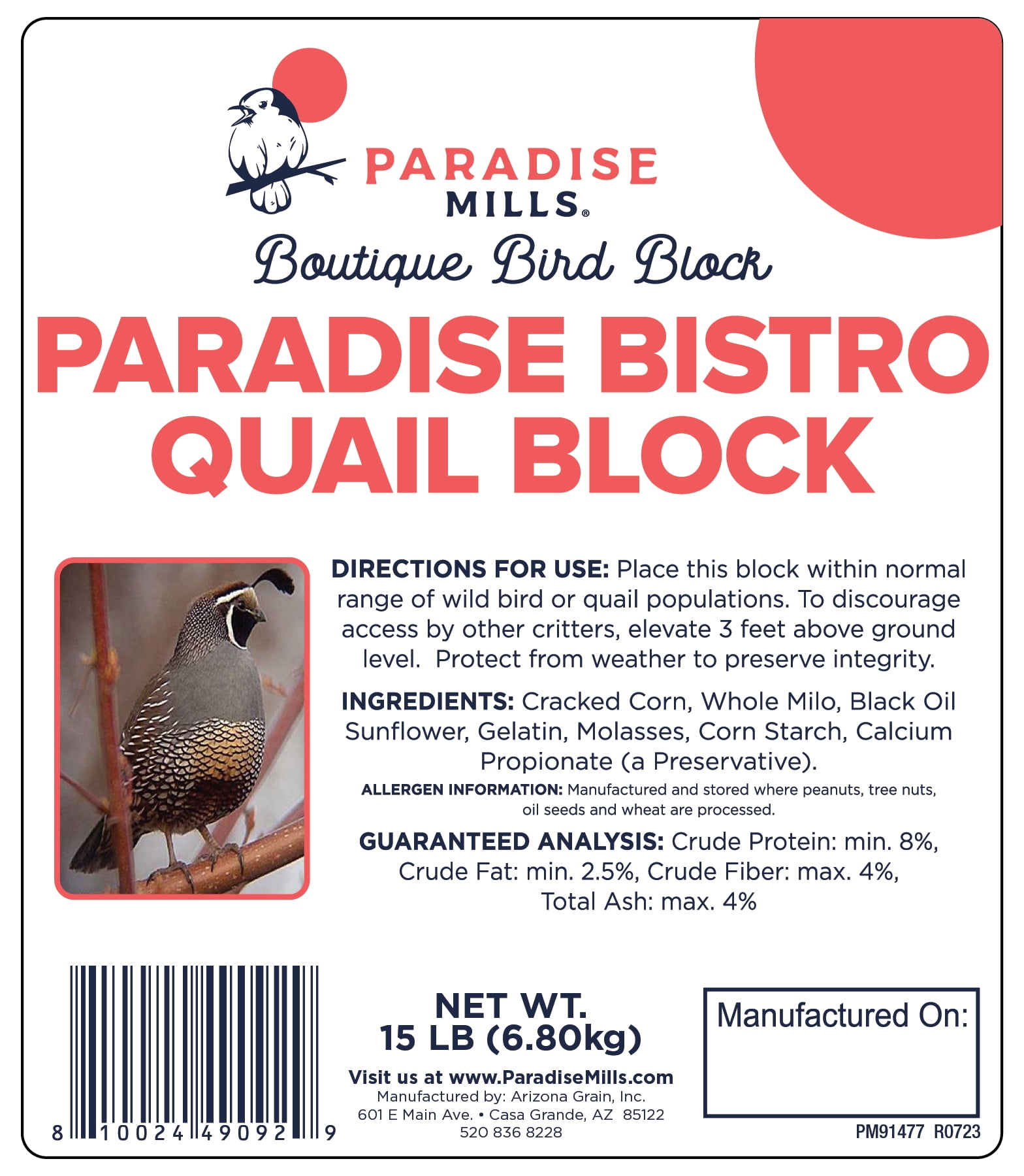 Paradise Mills Quail Bird Food Block, 15 lb, Each,  New, Formulated for All Birds