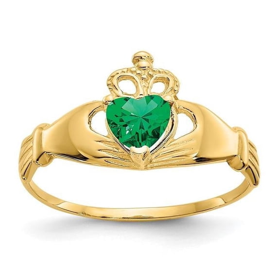 Finest Gold 14K Yellow Gold CZ May Birthstone Claddagh Heart Ring - Size 7