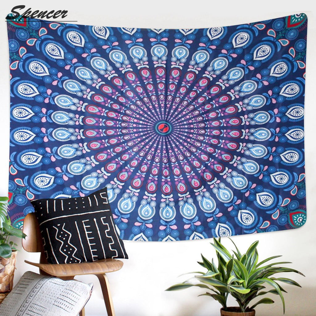Indian Wall Hippie Hanging Bohemian Bedspread Blue Peacock Mandala Tapestry Mat