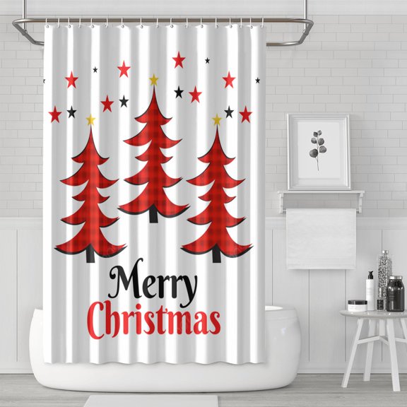 Happy Christmas Tree Red Shower Curtains,Reusable Bath Curtain with Hooks Retro Polyester Fabric Curtains for Halloween Thansgiving Christmas Hotel Dorm