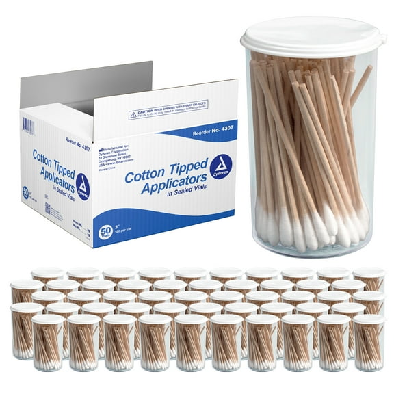 Dynarex 3-Inch Non-Sterile Cotton Tipped Applicators, Single Use Wooden Cotton Tip Applicators for Wound Care & Dressing, Personal Hygiene & Make Up, 1 Case of 5,000 (50 Vials, 100 per Sealed Vial)