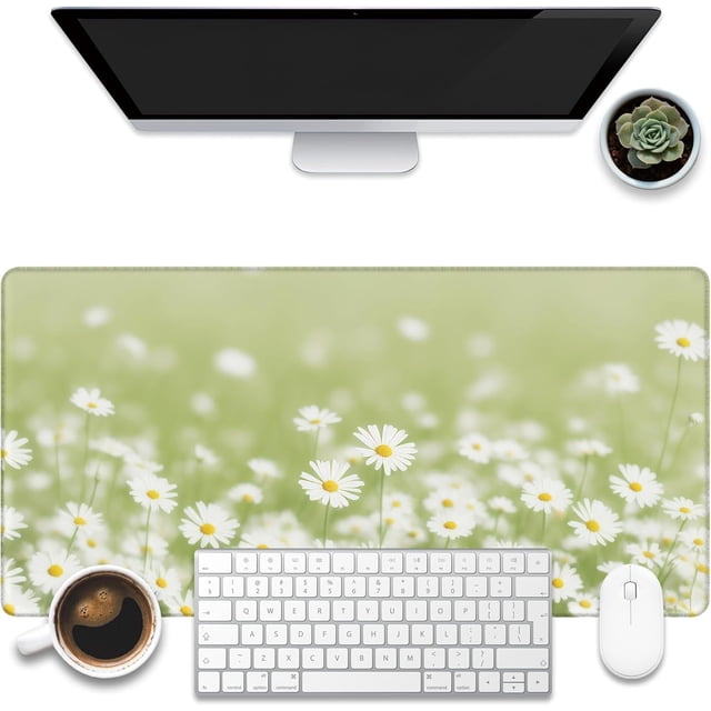 Green Daisy Flowers Desk Pad Chamomile Flowers Large Gaming Mouse Pad, Extended Big Computer Keyboard Mat, NonSlip Base, Stitched Edge, Ideal for Desk, 31.5x15.7"