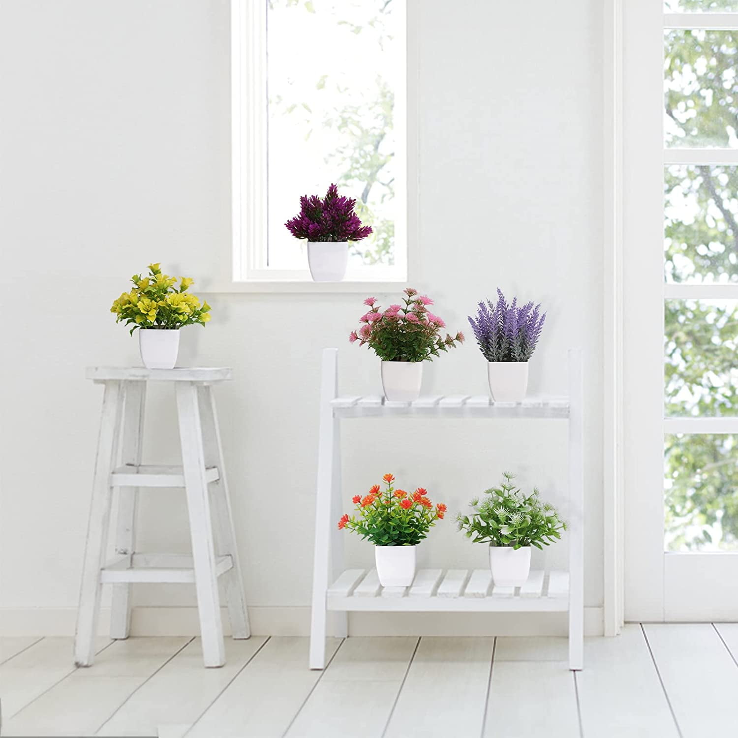 Artificial Small Plant 6pcs Fake Flower Potted Plant Bathroom for Indoor Decor Window Tabletop Office Colorful