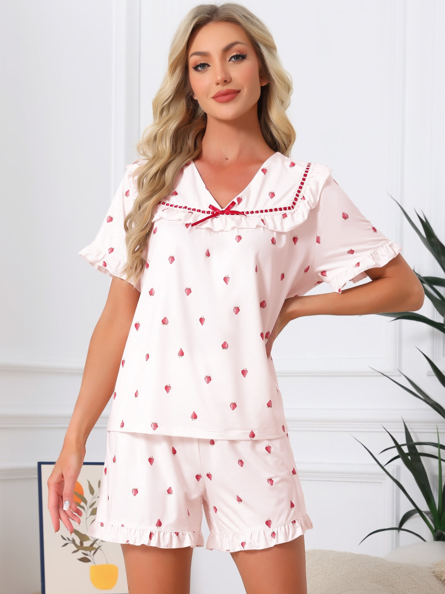 DARING DIVA Women's Loungewear Ruffle Babydoll Collared Cute Print Pajama Sets M Pink