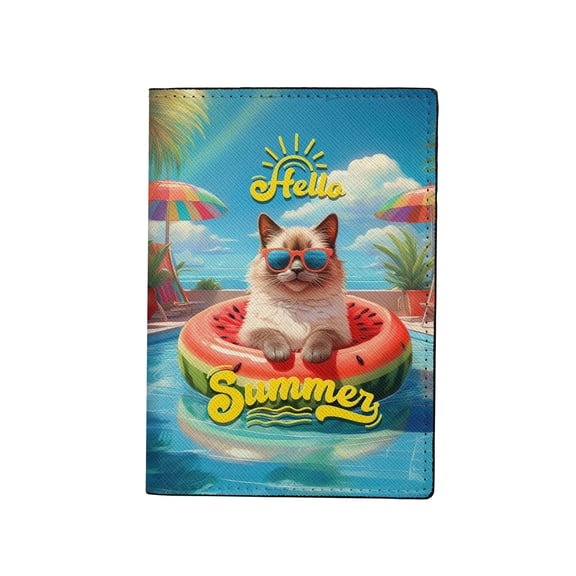 Hello Summer Ragdoll Pool Day on Watermelon Float Travel Passport Wallet Cat Lover Kitten Owner Gifts Idea PU Leather Passport Holder Cover - 13008