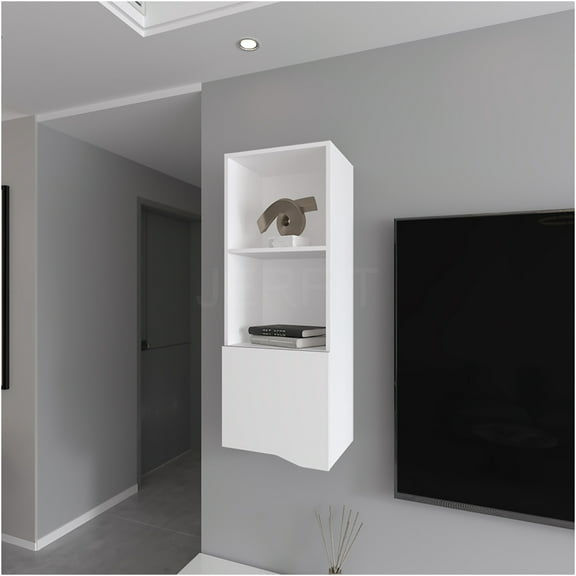 JERFIT 18" White Wall Mount Cabinet with Door & 2 Shelves, Engineered Wood Floating Storage for Living Room, Kitchen, Bathroom