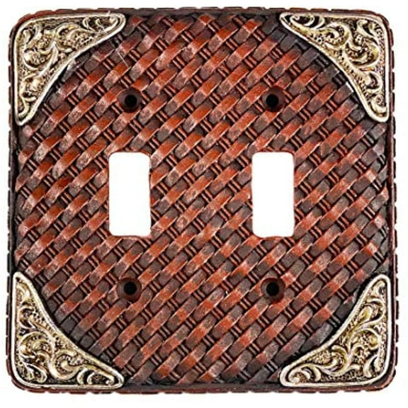 Urbalabs Western Leather Weave Design Silver Buckle Decorative Light Switch Outlet Wall Plate Covers Country Home Rustic Light Switch Covers Single Double 2 Gang Switch Plates (Double Switch)