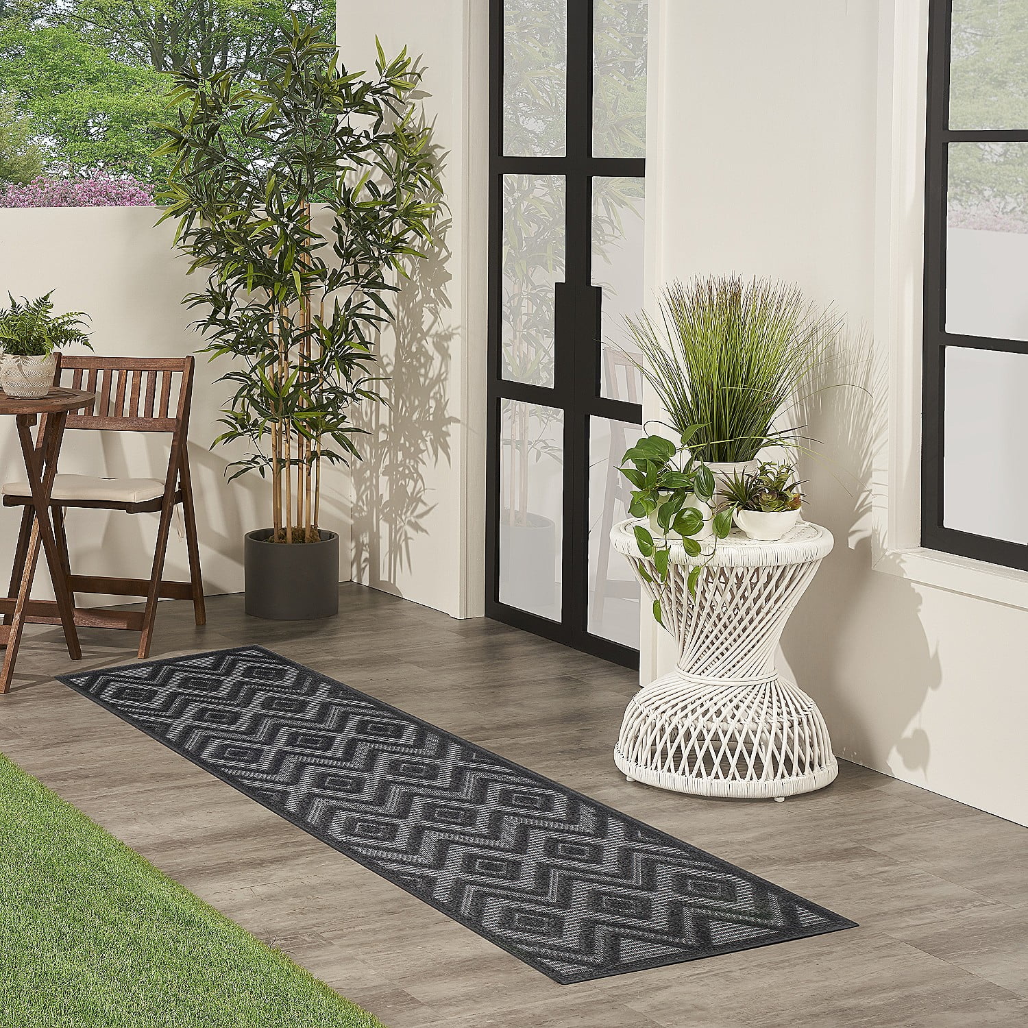 Nourison Versatile Solid Diamond Indoor Outdoor Flatweave Runner Rug Charcoal Black 2' x 6'