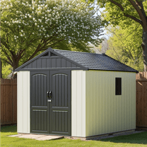 Patiowell 8' x 10' Plastic Outdoor Storage Shed with Light & Window & Lockable Doors for Garden, Backyard, Patio Use, Gray & White
